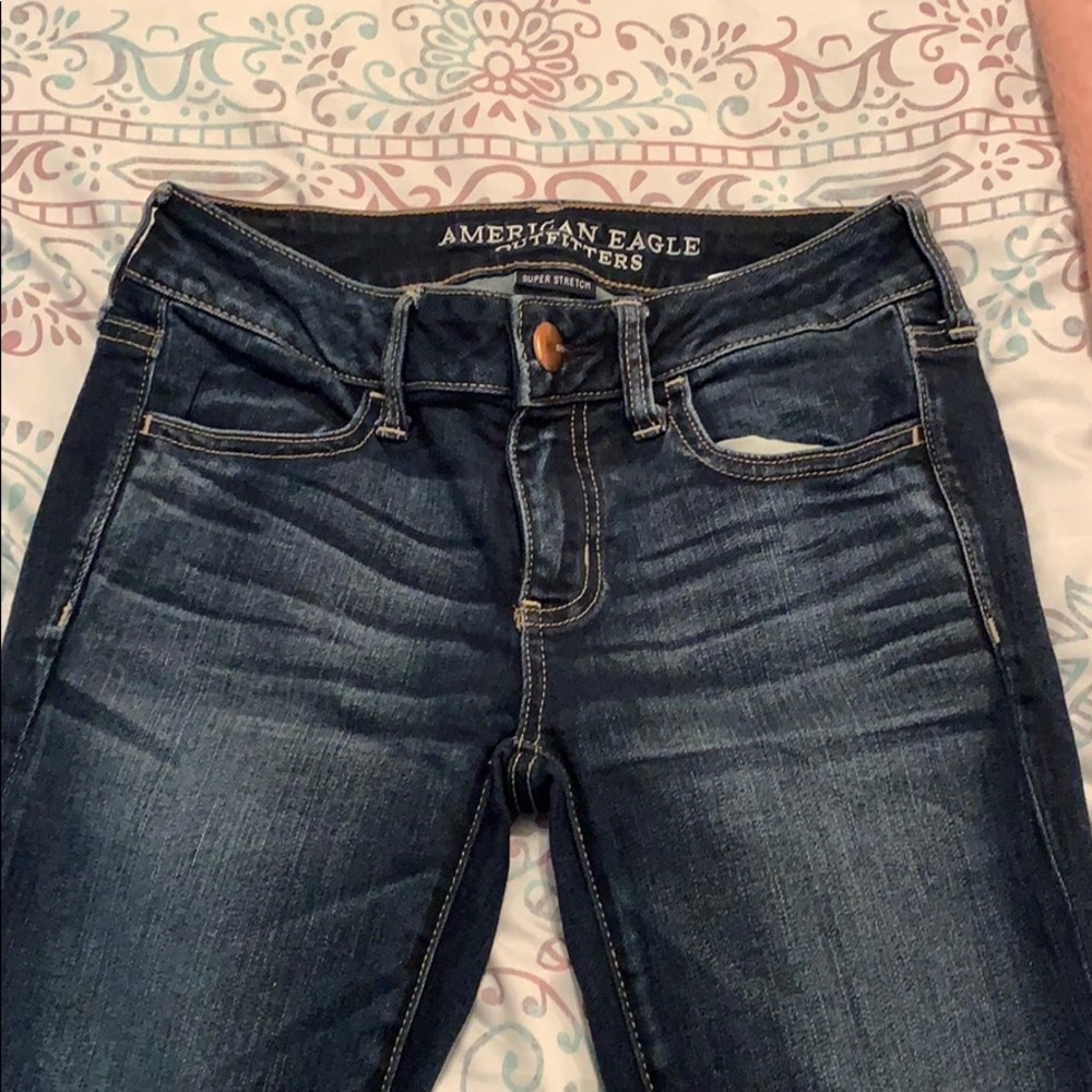 AE, low rise, dark wash skinny jeans